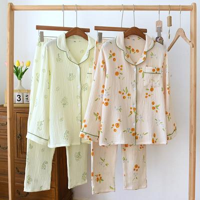 Frühlings- und Herbst-Neues Damen-Pyjama-Set 100% Baumwoll-Krepp Frisch Süß Langarm Hose Zweiteiliger Hausanzug