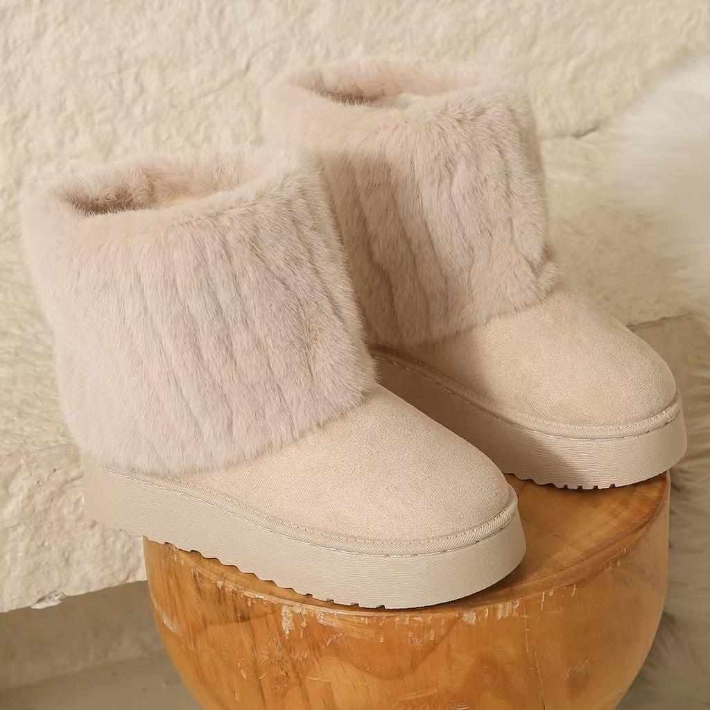 New thick-soled round head flip hairy short snow boots women's muffin bottom warm thickened cotton shoes