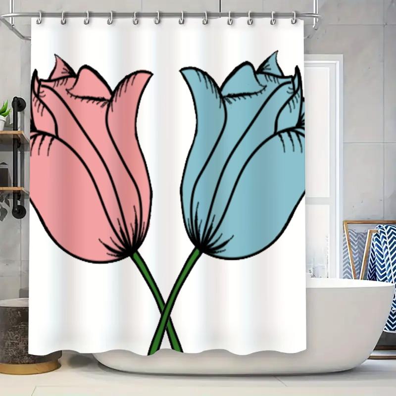 

Vibrant Blue And Pink Tulip Shower Curtain: Beautiful Floral Bathroom Decor For Home Decoration In Bathrooms Accessories. W60H190(CM)-1 Pcs