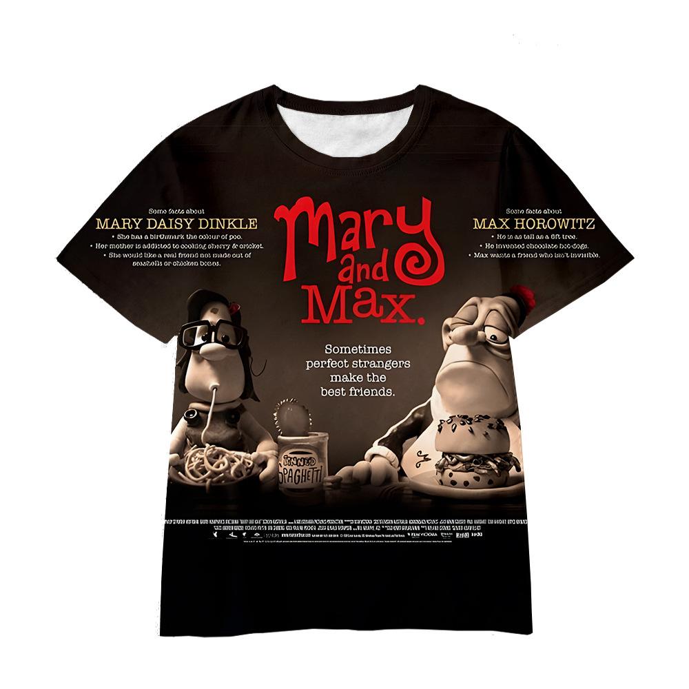 Top s 3D potiskem Mary a Maxe s kulatým výstřihem, ležérní chlapecké tričko s krátkým rukávem - Měkká středně pružná polyesterová tkanina, letní oblečení s volným střihem