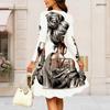 Women Plus Size Round Neck Long Sleeve Midi Dress Fashion Portrait Figure Text Print High Waist Swing Dress
