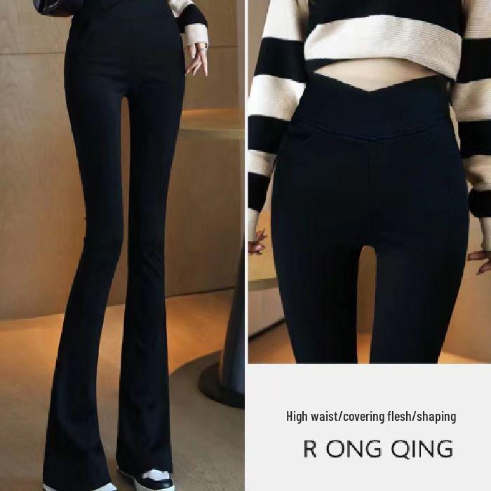 

Женские брюки микроклеш с высокой посадкой 2025: Утягивающие черные леггинсы-подкова для весны и осени 2X Large