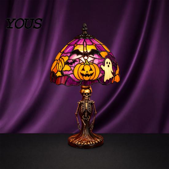 USB Powered Halloween Lamp Night Light, Stained Glass Lamp, Retro Gothic Glowing Low Energy with Warm Amber Purple, Tabletop Decor for