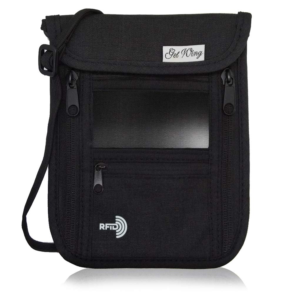 Passport Hanging Around the Security Passport 7 Nylon [GetWing] Case, Neck, Anti-Skimming, Pouch, Cover, Lightweight, Compact, Pockets, Black,