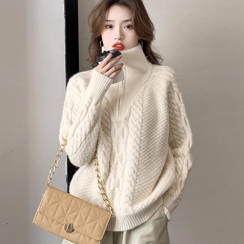 

Трендовый пуловер с высоким воротником на молнии, крупной вязки косами, Осень/Зима 2025 Large