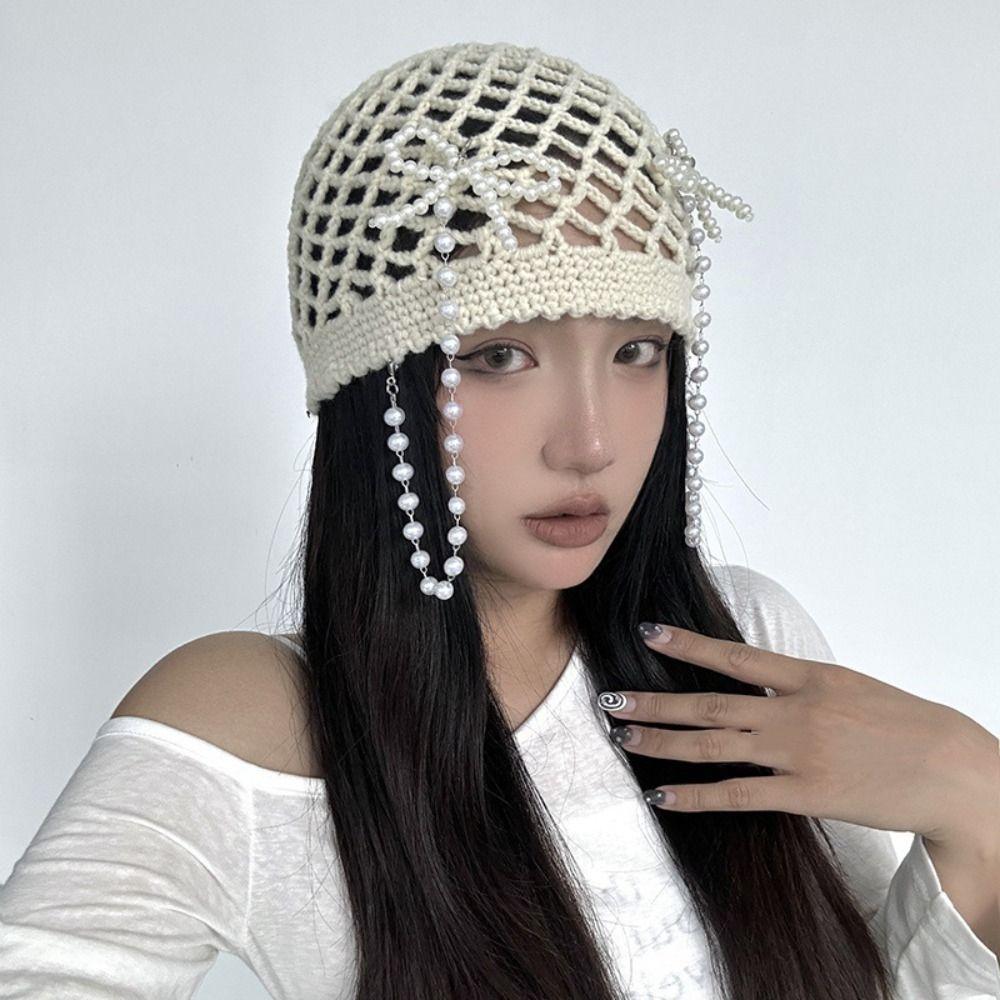 Hollow Out Bow Pearl Beanies Bohemian Style Knit Cap Cute Ethnic Style Hat  Outdoor