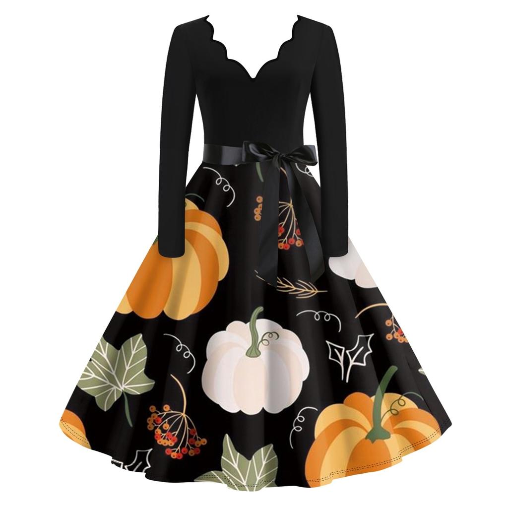 Halloween Print Flare Dress For Women Long Sleeve Dress Casual Dresses