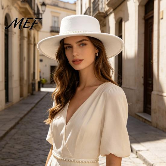 Dressy Winter Outfit Accessory Wide Brim Wool Felt Hat for Women, Vintage Flat Top Fedora Formal Dinner Party Headpiece with Faux Pearl Trim, Elegant