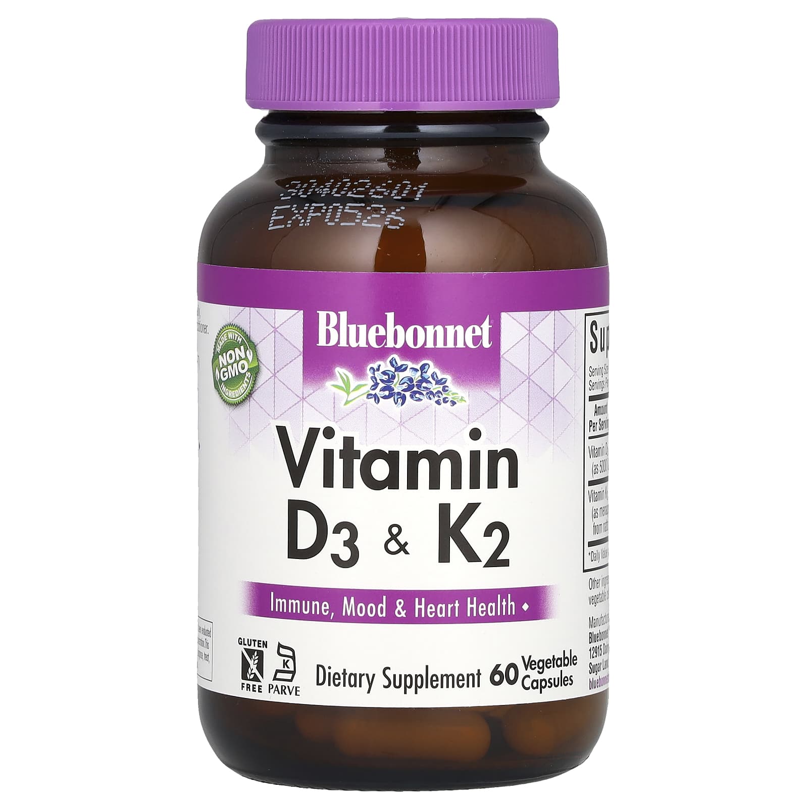 

Bluebonnet Nutrition, вітамін D3 і K2, 60 овочевих капсул