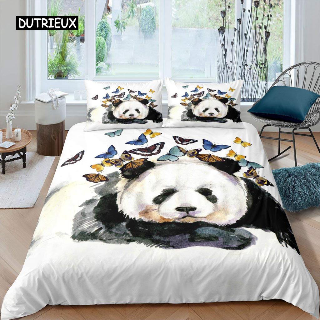 Panda Duvet Cover Set Cherry Blossoms Cute Animal Bedding Set Flower Branches Cartoon Double Queen King Polyester Quilt Cover