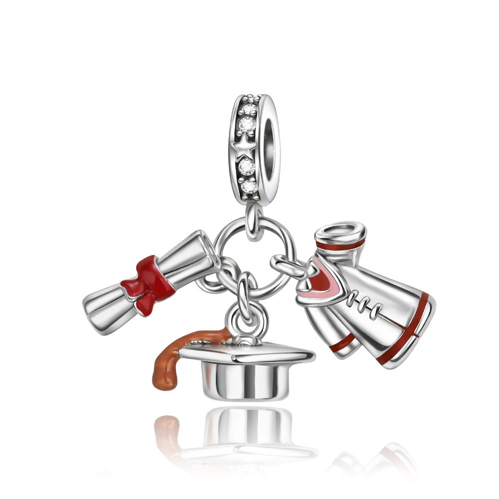 Original 925 Silver Graduation Charms Mortarboard Beads Flower Pendants for Bracelet Necklace DIY Jewelry Gift