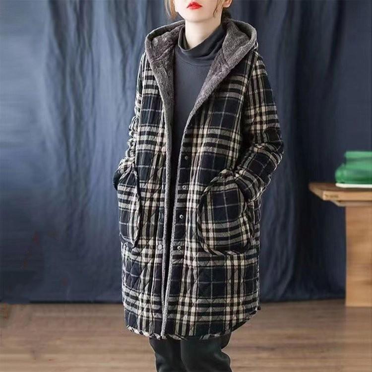 Women Plus Size Warm Thickened Hooded Plaid Coat Medium Length Jacket Cotton Winter