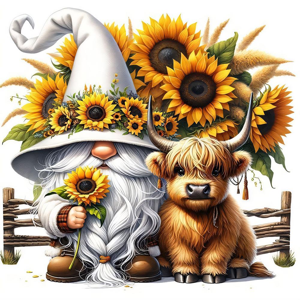 5D Diamantmalerei Sonnenblumen-Gnom und Hochlandrind DIY Bastelset Heimwanddekoration Vollbohrer Diamantkunst Stickerei Set