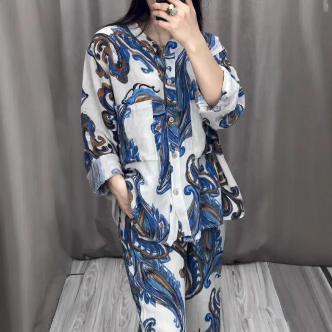 Seturi 2 Piese Femei Imprimeu Vintage Primăvară Decolteu V Mânecă Lungă Cămașă cu Șireturi Pantaloni Largi Ținută Vară Nasturi Costum 2 Piese