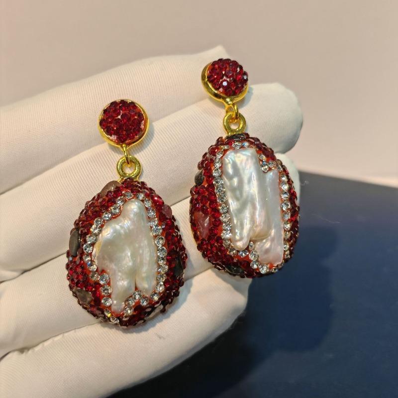 Special-shaped Baroque pearl tourmaline earrings set with red Czech diamonds women's earrings French design