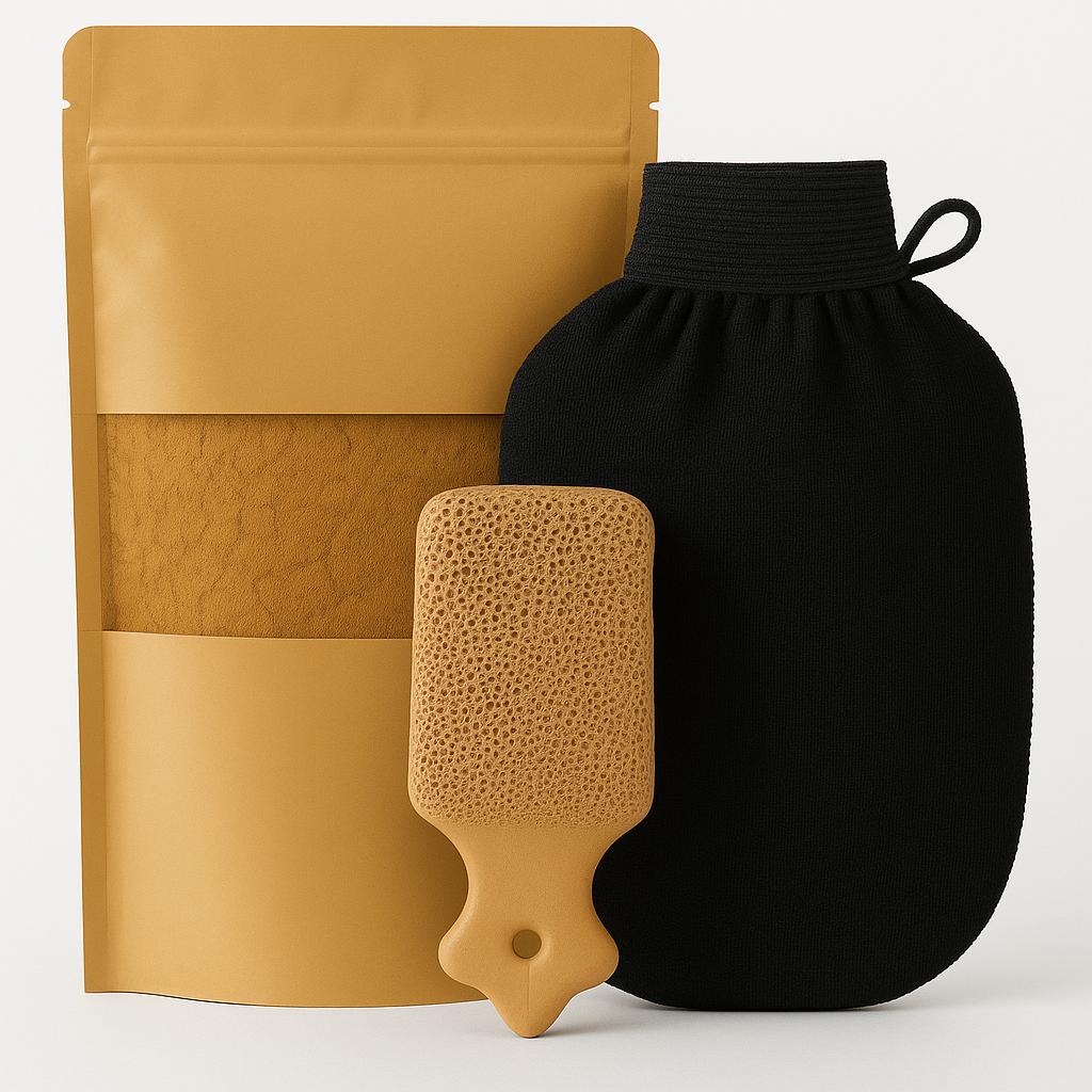 Moroccan Tabrima Powder 100G + Kessa Glove + Clay Pumice Stone – Natural Detox & Exfoliating Hammam Set