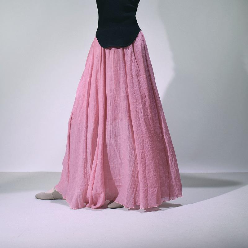 Women's Double Layer Cotton Linen Maxi Skirts Boho Solid Elastic High Waist Pleated A-Line Flowy Swing Long Maxi Skirts Soft Maxi Skirts for Women