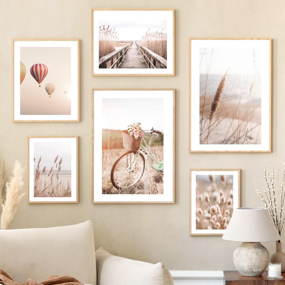 Beige Reed Orchid Bike Landscape Posters And Prints Canvas Painting Wall Art Pictures For Living Room Home Decor Aesthetic