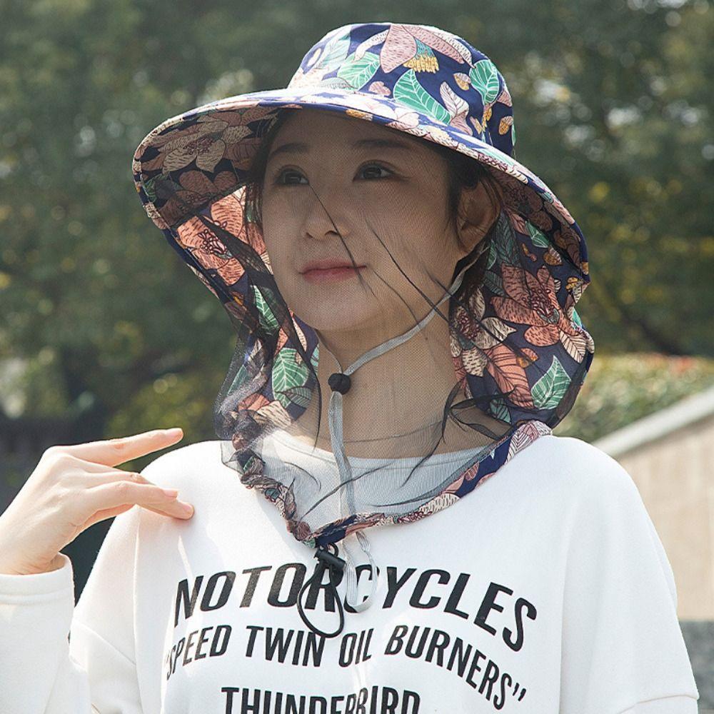 Printing Mesh Tea Picking Hat UV Protection Sunshade Shawl Cap Portable Wide Brim Sun Hat  Fishing