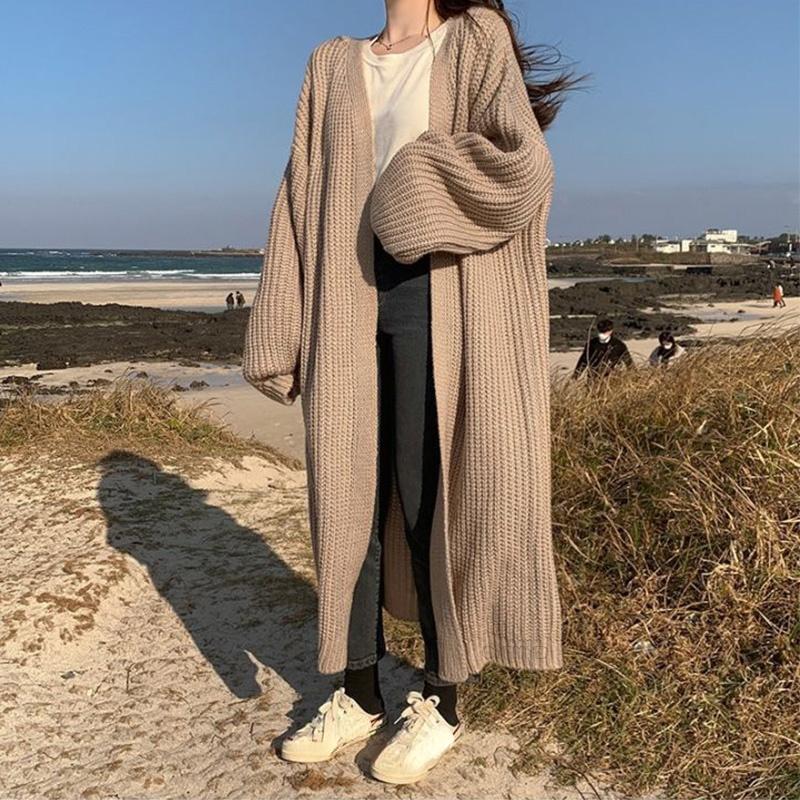 Hırka Kadın Uzun Örme Günlük Vintage Bol Kazak Ceket Düz Oversize Kazak Kore Modası Kadın Hırkaları 2021 Kış