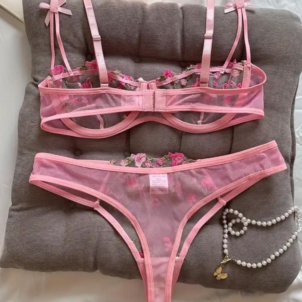 2pcs Set Sexy Bra Panties Set Mesh Push Up Bra Women Sweet Lace Flower Bra Girl