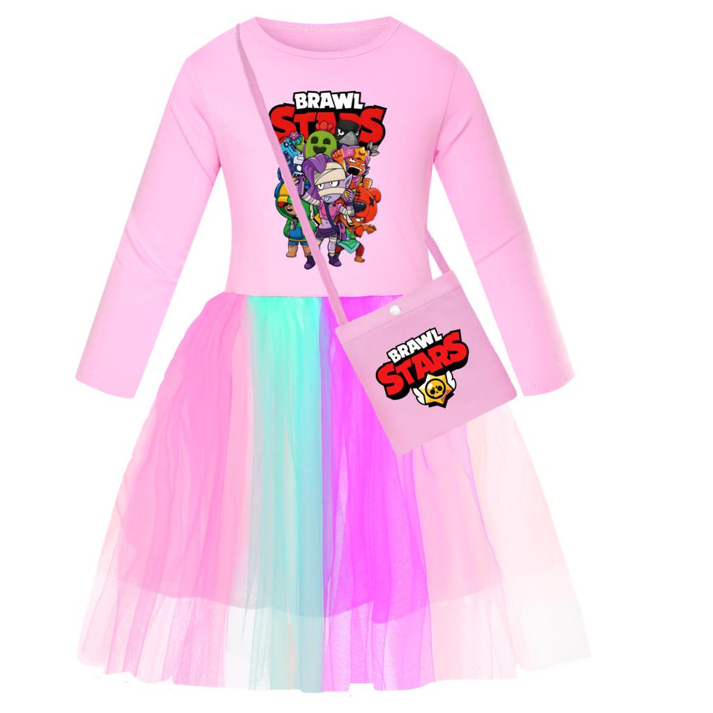 4094 Girls Brawl Stars Print Mesh Rainbow Princess Dress