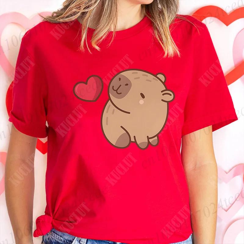 Love Heart Capybara Female Clothing Casual Tshirt Women Summer Harajuku Shirts Cute Graphic Tops Fashion Valentines Day Tees