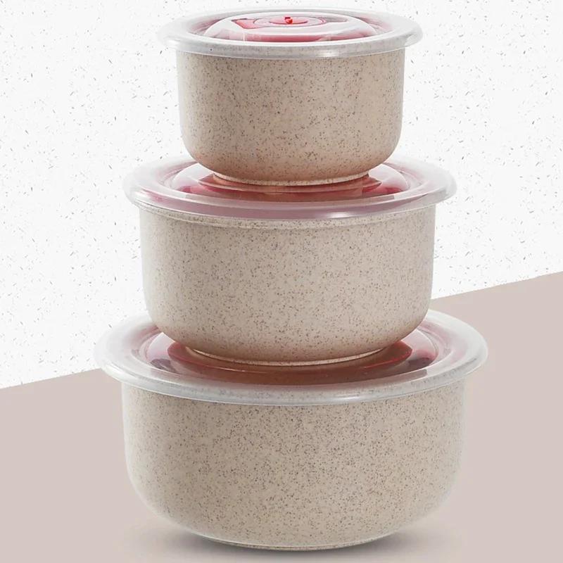 

3pcs Wheat straw fresh-keeping bowl preservation bowl with lid for home microwaveable plastic round lunch box sealed storage