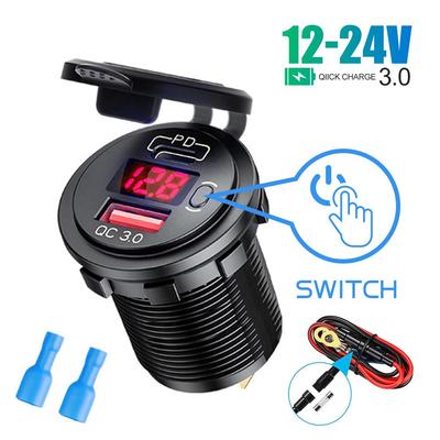 12V/24V 48W Car Charger Socket USB Type C Dual Port Outlet PD QC 3.0 Fast Charger Auto LED Display Voltmeter with ON/Off Switch