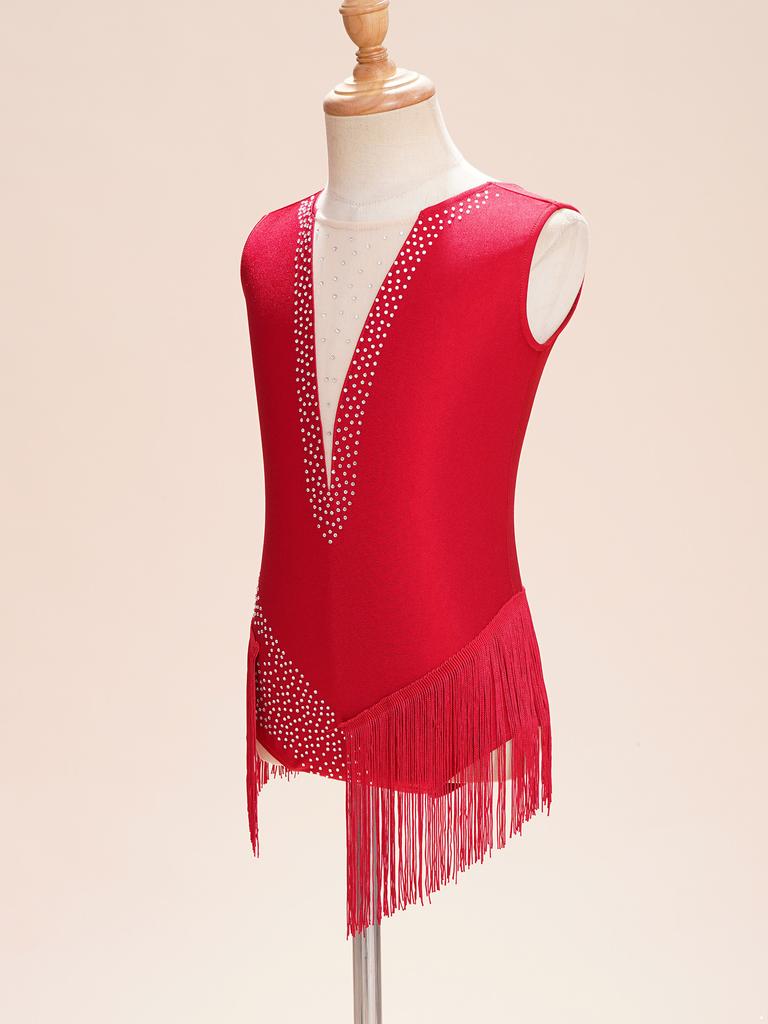 Girls Sparkly Rhinestone Fringed Leotard Sleeveless Figure Skating Bodysuit Rhythmic Gymnastics Dance Performance Costume with Tassel Details