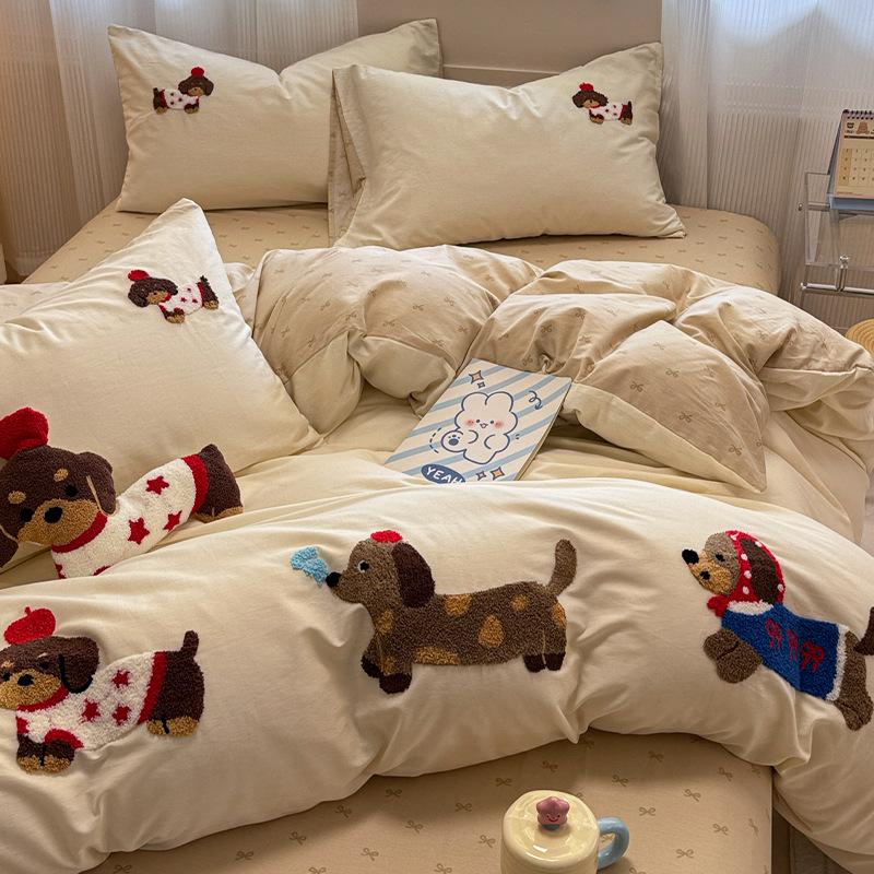 2025 New Style Full Cotton Embroidery Bedding Set: Includes Duvet Cover, Bed Sheet, and Three-Piece Dorm Towel Set