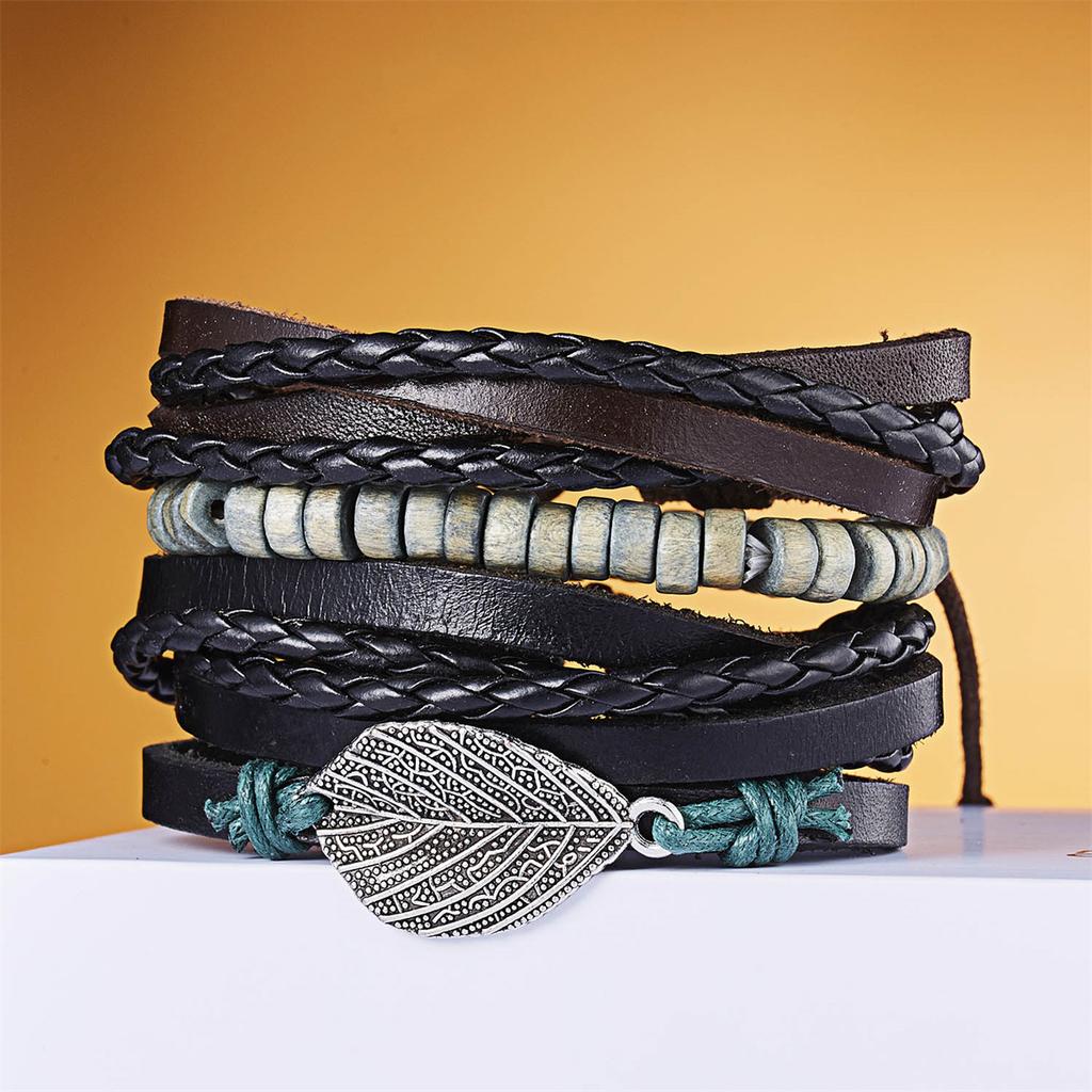 Vintage Multi-layer Feather Star Leather Bracelets For Men Hand-knitted Leaves Rope Wrap Wristband Bracelet Ethnic Party Jewelry