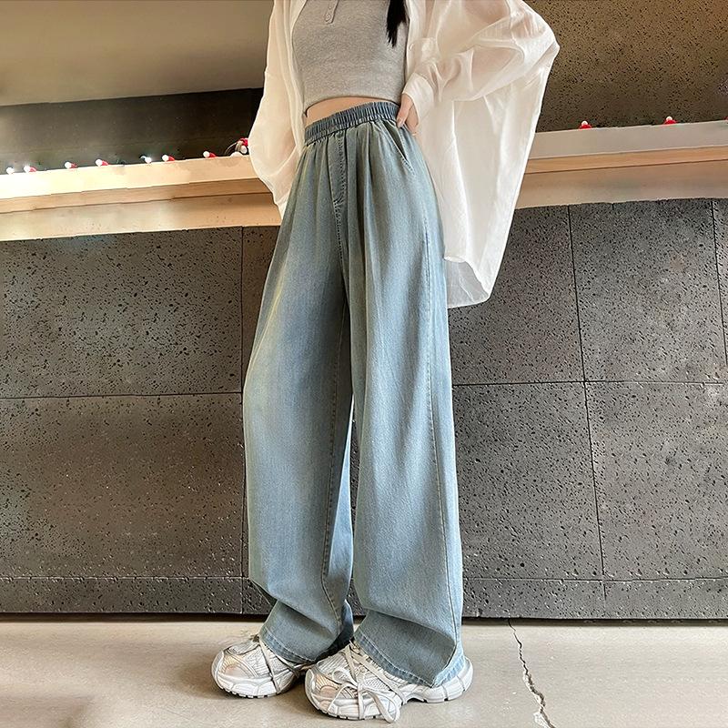 

Women s Tencel Jeans: Breathable, Elastic Waist, Loose Fit, Slimming Wide Leg, Laid-Back Style Small джинсовый синий