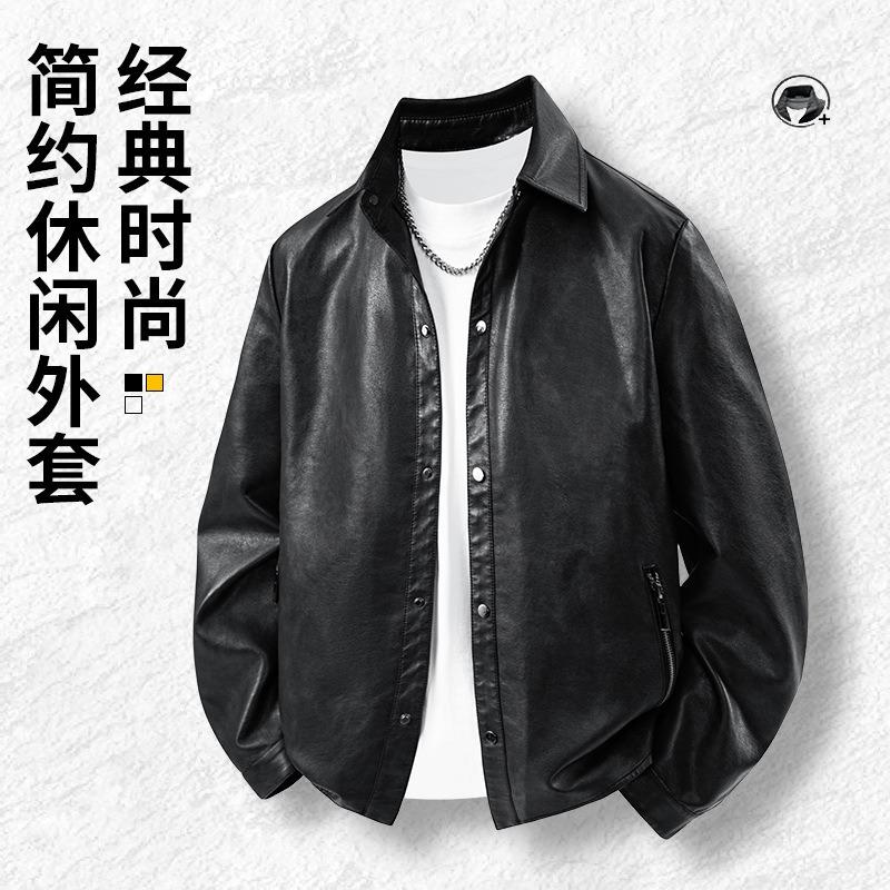 Autumn and winter new clothes men's retro black classic small lapel leather shirt trendy cool jacket versatile