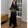 High-end Women's Dress 2025 Sequined Embroidered Three-dimensional Lace Mesh Long-sleeved Waist Dress Skirt