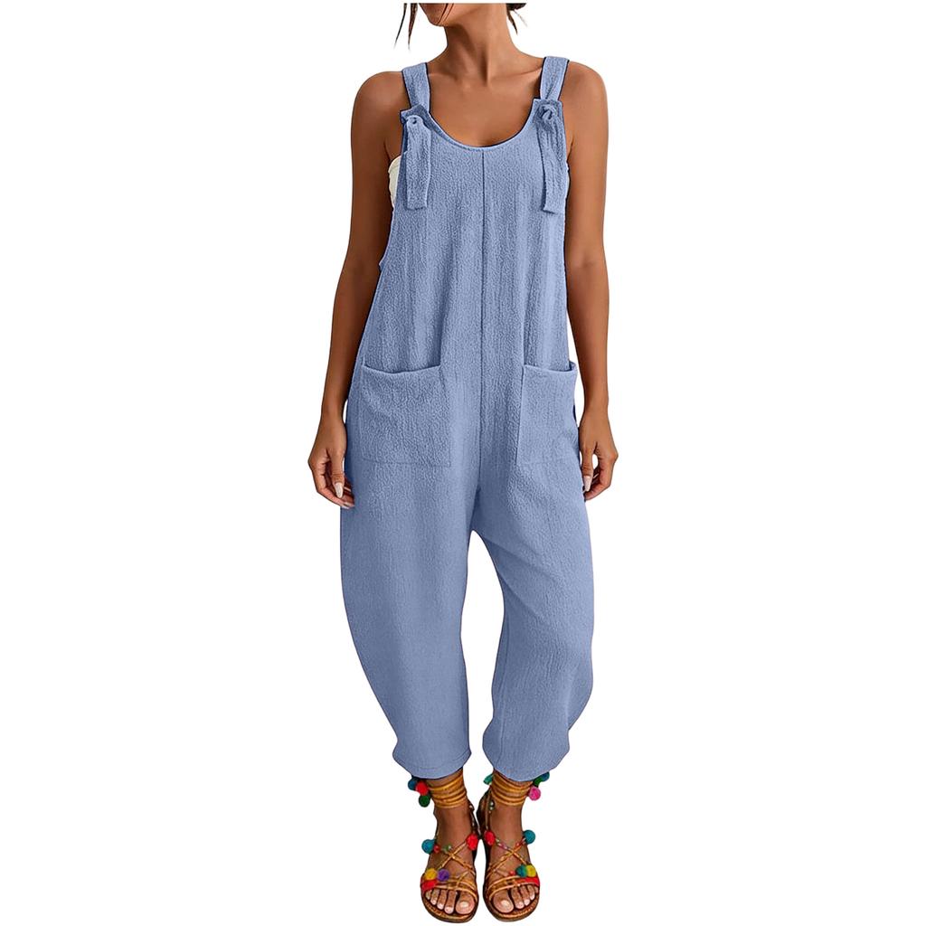 Women's Spring Jumpsuits Adjustable Strap Vintage Color Sleeveless Pants With Pockets