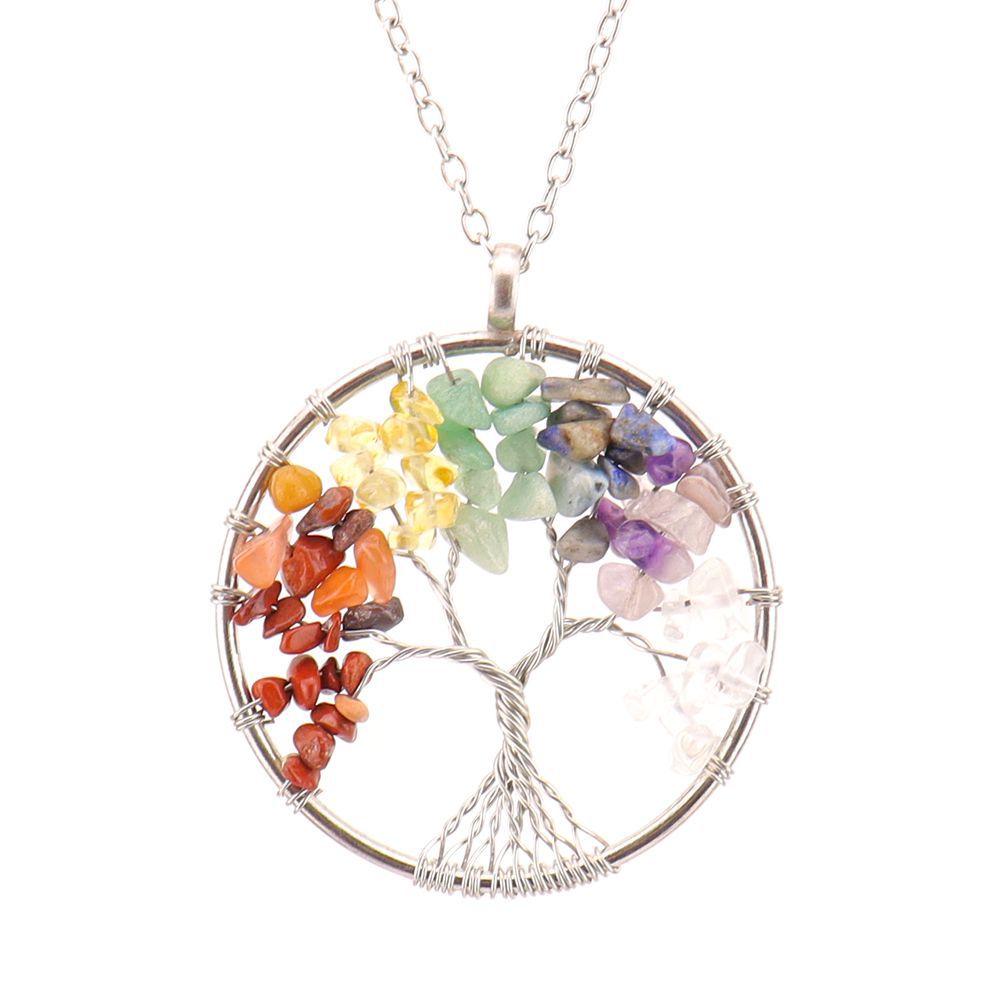 7-Color Crystal Tree of Life Pendant Necklace - Handmade Wire Wrapped Ornament N172