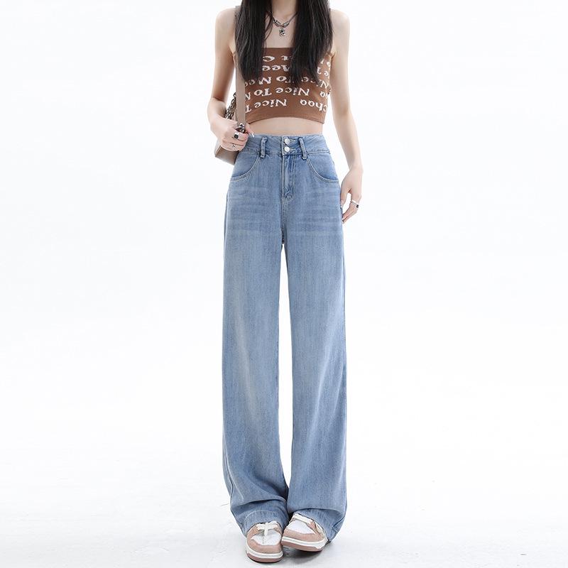 Women's High Waist Tencel Wide Leg Jeans - Summer Thin, Drapey, Slimming, Petite Floor-Length Pants