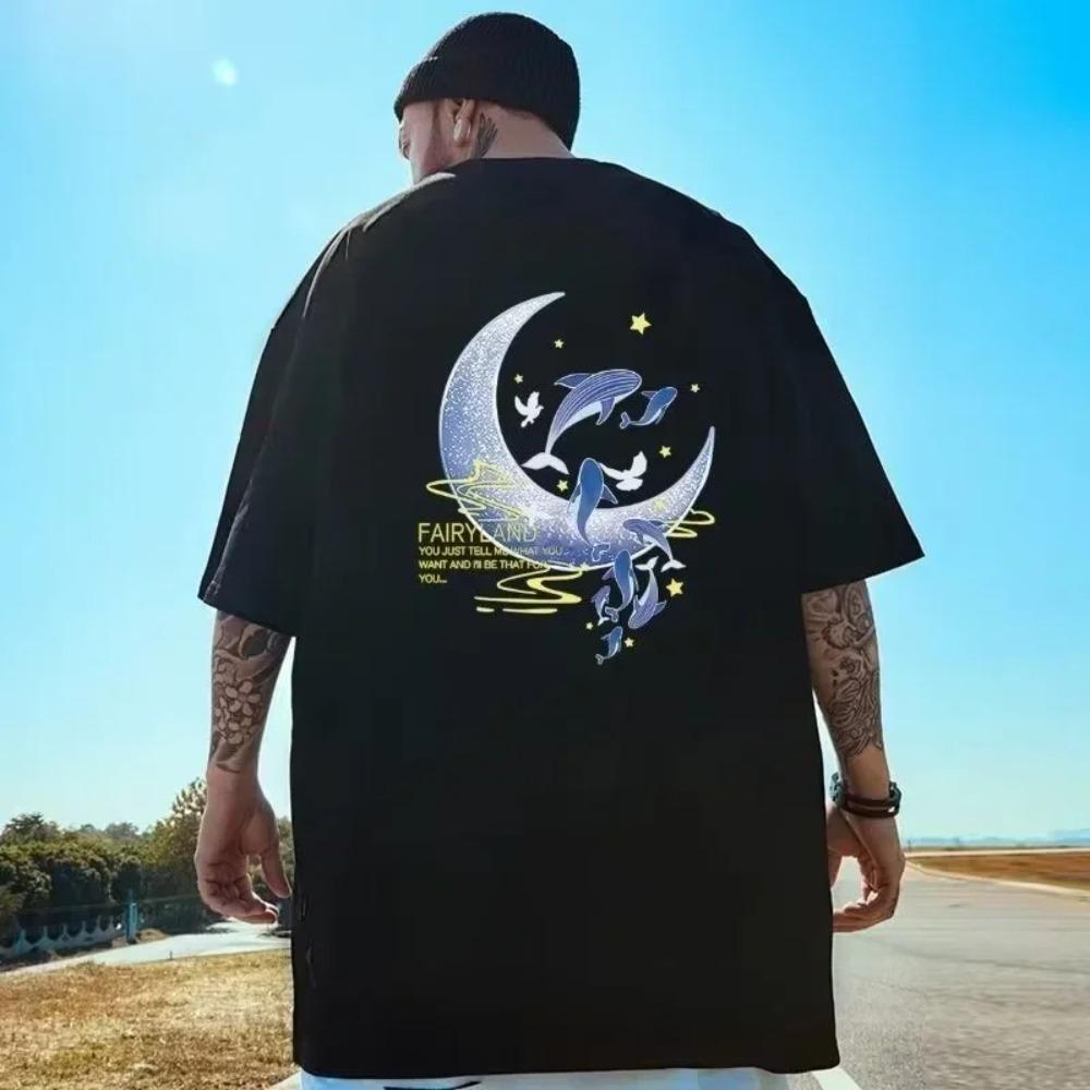M-8XL Men Loose American Retro Style Whale Print Short Sleeved Round Neck Versatile Trendy Couple Outfit