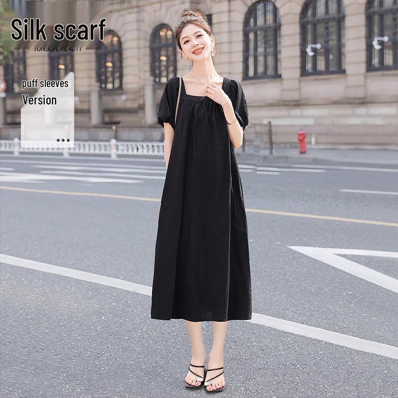 Siboer Women s Square Neck A-Line Puff Sleeve Midi Dress M