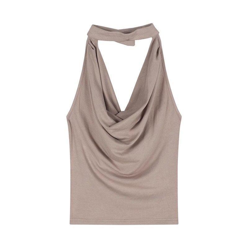Khaki Backless Cowl Neck Halter Tank Top - Women's Summer Sleeveless Top