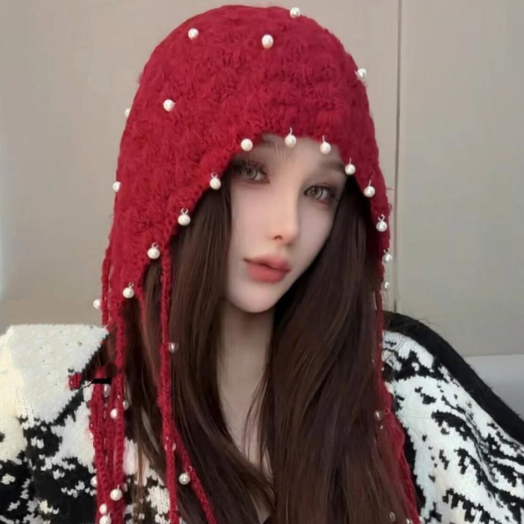 Pearl Tassel Pendant Red Hollow Wool Hat Women's Spring and Autumn Bohemian Style Knitted Pullover Hat