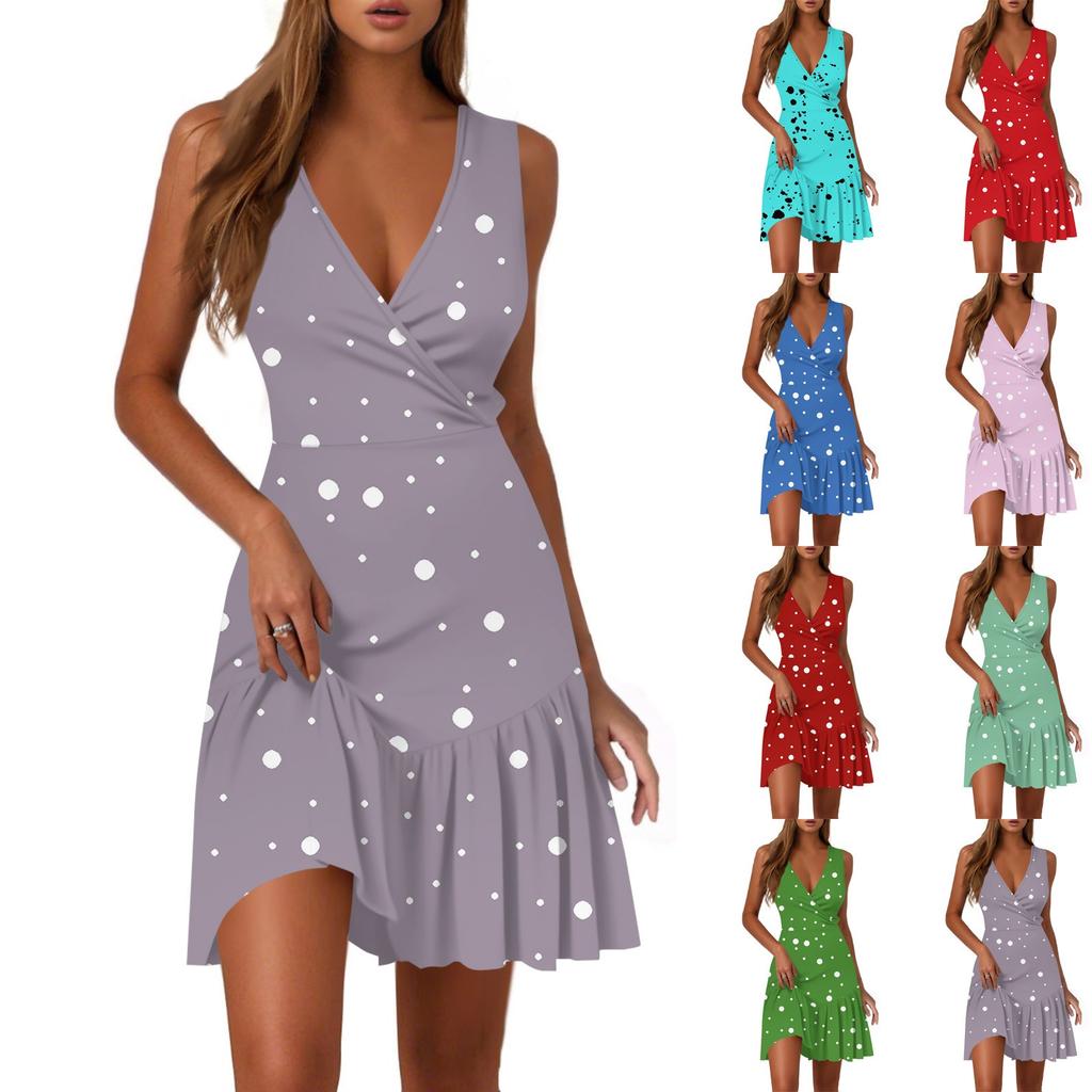 Ladies Casual Fashion V-Neck Sleeveless  Print Dress