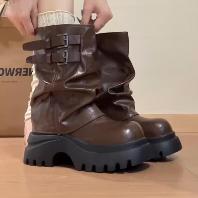 

Belt buckle versatile retro style British style fashion boots women s 2025 autumn and winter new trouser boots heightened thick-soled medium tube 40 коричневый