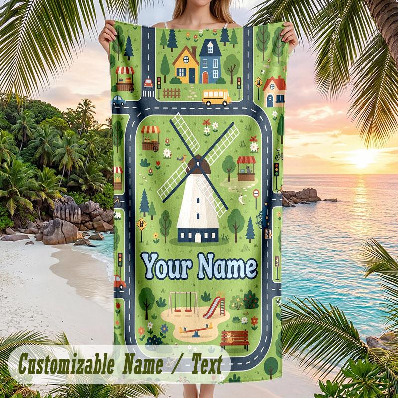 Windmill Village Adventure Theme Quick Dry Beach Towel Custom Name Text Print Large Sand Resistant Towel Beach Vacation