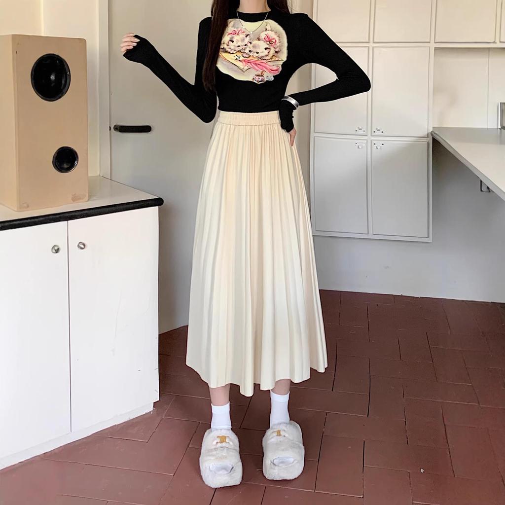 Korean Style Plus Size Pleated Midi A-line Skirt with High Waist Elastic