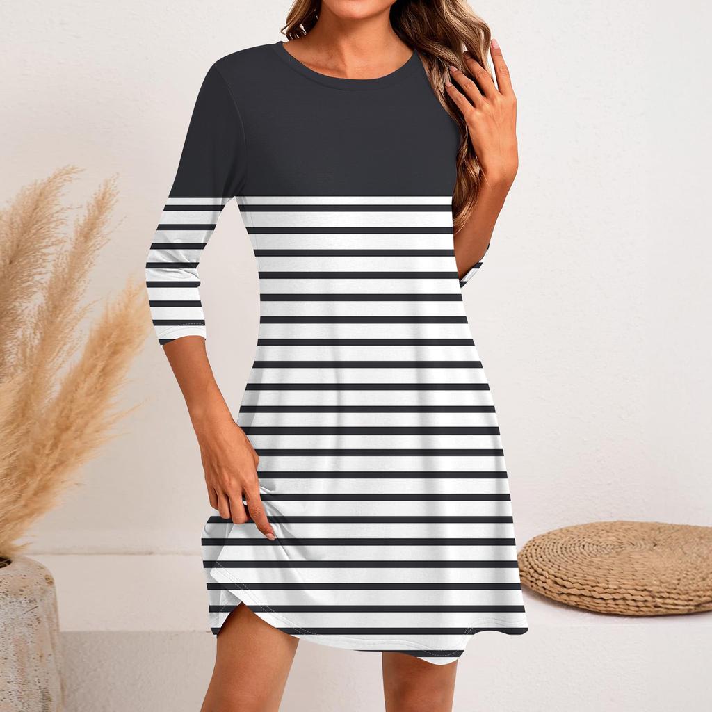 Women's Fashion Casual Print Round Neck Three-quarter Sleeve Short Dress