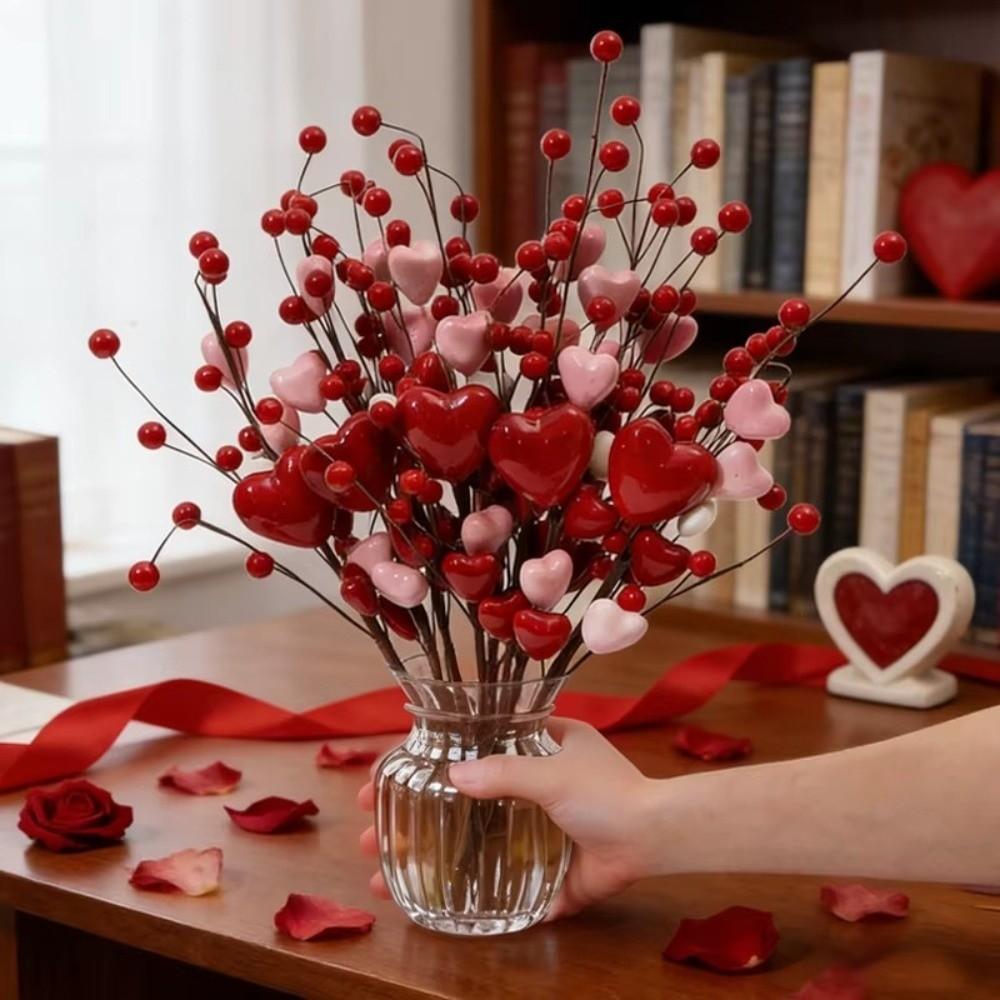 Heart-Shaped Artificial Heart Flowers Simulation DIY Vase Berry Flower Stem Festive Atmosphere Fake Flower Valentine's Day