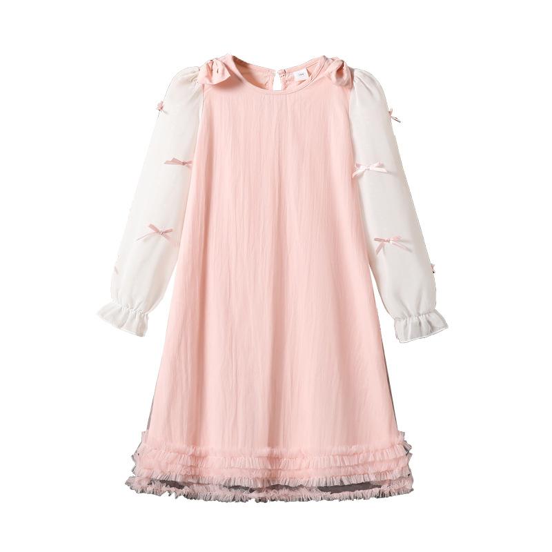 Girls Dress 2025 Autumn Long Sleeve Fashion Bow Sweet Mesh Skirt Princess Pink Dress for Children