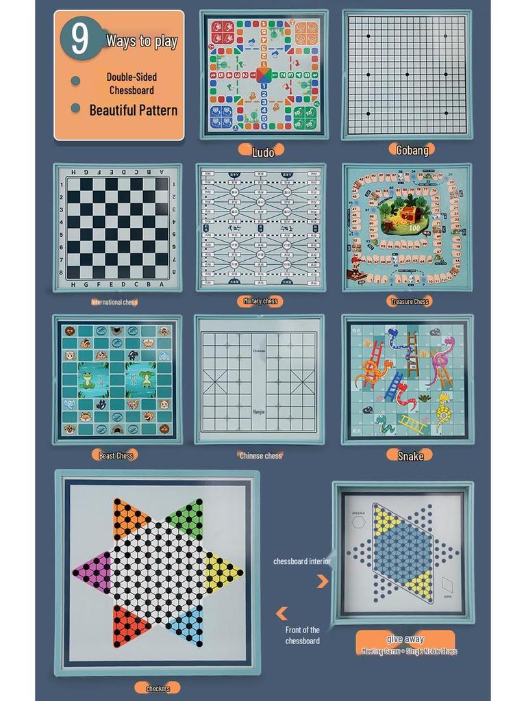 Multifunktionales Holz-Spielbrett: Fliegendes Schach, Dame und Tierkampf für Kinder und Erwachsene